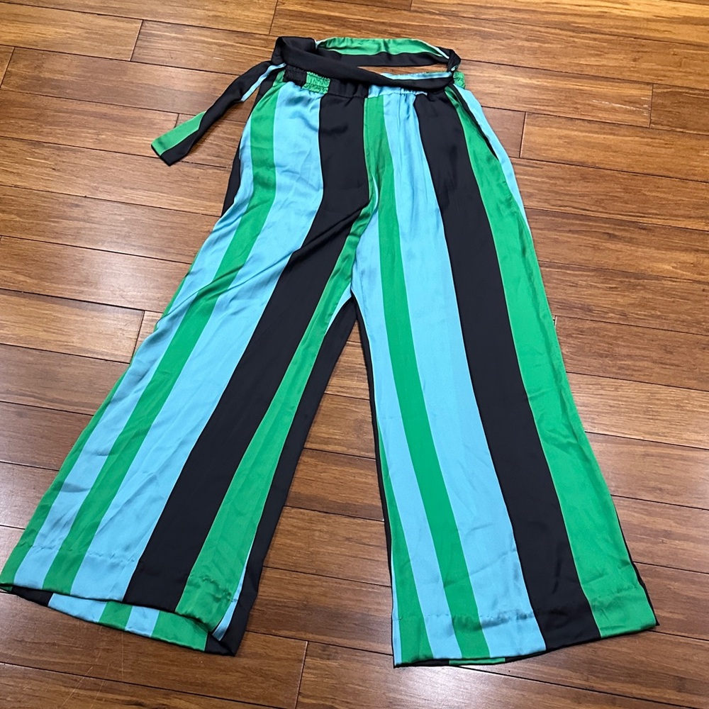 Silky Striped Green and Blue wide Pants